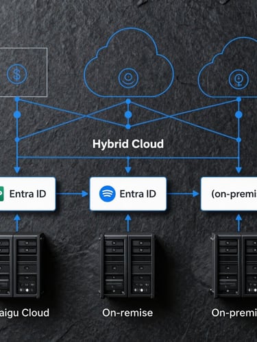 Straight-on technical diagram of a hybrid cloud architecture, clean blue blueprint lines on a dark slate background, showing secure virtual networks, Entra ID, and on-premise server connections.