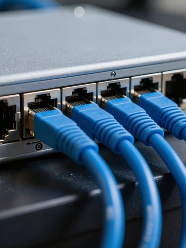 Straight-on architectural macro shot of a physical network switch with clean blueprint-blue ethernet cables plugged in, cool technical lighting, shallow depth of field.