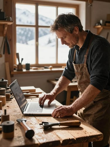 A traditional Swiss carpenter in his sunlit alpine workshop, warm morning daylight streaming through the window, a laptop open on a rustic wooden workbench next to hand tools.