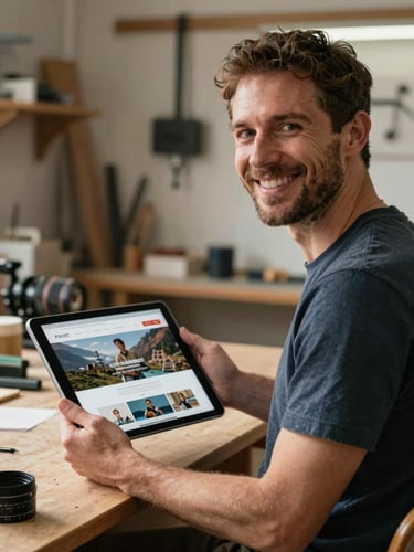An environmental portrait of a Swiss artisan smiling in a sunlit workshop, holding a digital tablet showing their website homepage
