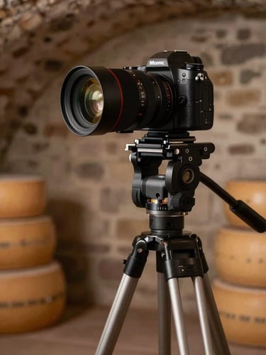 A professional camera setup on a tripod inside a rustic Swiss cheese cellar, capturing high-quality marketing photos
