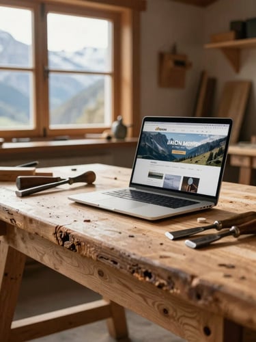 A rugged wooden workbench in a bright alpine carpenter workshop, a modern laptop displaying a clean website layout sits next to traditional hand chisels, morning mountain light streaming through the window.