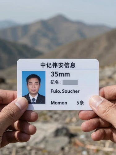Sharp macro shot of a physical medical-technical credential card held by an instructor in rugged mountain terrain, crisp natural daylight, cool desaturated tones, 35mm lens, sharp focus
