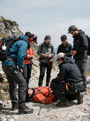 Instructors demonstrating wilderness first aid protocols on a mountain trail, technical gear visible, cool desaturated tones, 35mm lens