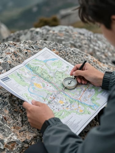 Student analyzing a topographical map with a compass on a rugged rock in high-altitude terrain, crisp daylight, documentary style.