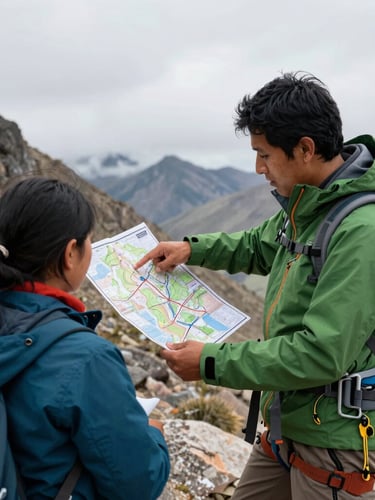 Overcast daylight, a mountain guide in a technical green jacket pointing at a topographic map held with a student, rugged Mexican high-altitude terrain, sharp focus, documentary style.