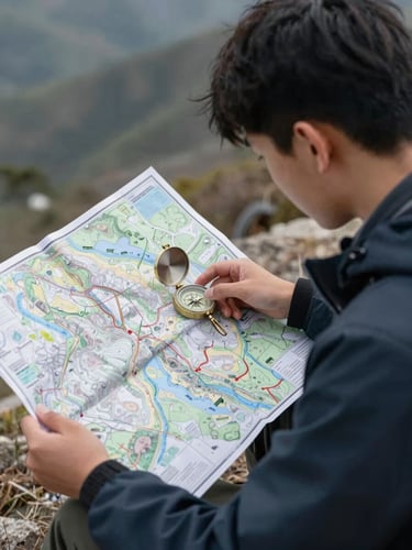 A student analyzing a topographic map with a compass in high-altitude terrain, crisp natural daylight, documentary outdoor photography style