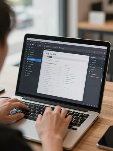 Close-up over-the-shoulder shot of a person's hands using a laptop, the screen showing a drag-and-drop digital signage editor with a menu layout being assembled, natural daylight from a nearby window, retail environment visible softly out of focus in the background