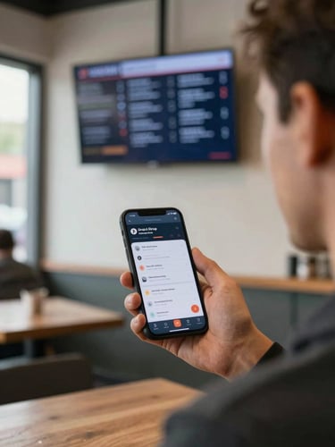 Over-the-shoulder view of a restaurant manager holding a smartphone showing a drag-and-drop signage editor interface, a wall-mounted TV screen visible in the background displaying a updated daily specials board, natural indoor light from a nearby window, casual retail environment