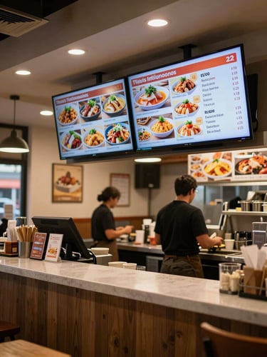 Wide environmental shot from counter level inside a fast-casual restaurant, a large wall-mounted TV displaying a bright digital menu board with food items and prices, warm indoor lighting, staff visible in soft background blur, no customers