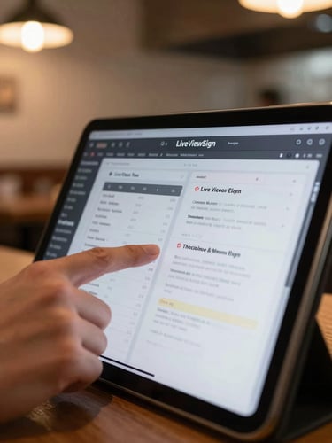 Close-up of a tablet screen displaying the LiveViewSign editor interface in a restaurant setting, a hand resting on the screen mid-drag dropping a menu item block onto the canvas, warm indoor light from overhead fixtures, tiled kitchen wall faintly visible in the background