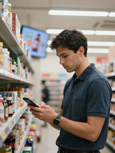 A store manager glancing at their smartphone while standing in a retail aisle, a wall-mounted display screen visible behind them showing a live promotional graphic, natural indoor fluorescent light, candid environmental framing