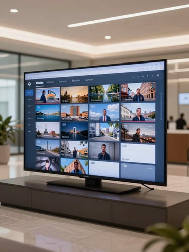 Wide shot of a lobby TV displaying a scheduled playlist interface with time-of-day content slots visible on screen, clean corporate hallway background, daylight-balanced overhead lighting, no people present — focus on the screen content in context