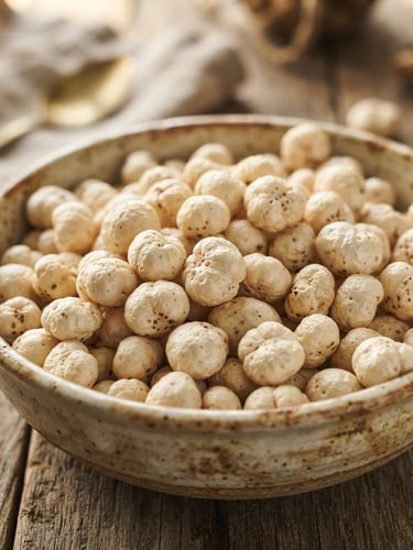 Close-up of raw makhana (fox nuts) in an elegant ceramic bowl, soft natural morning light, beige and earthy brown tones, shallow depth of field, 35mm