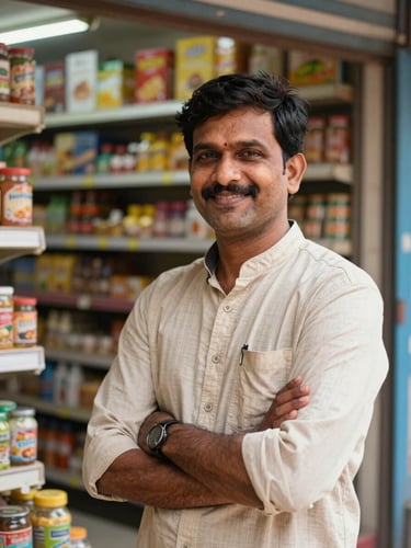 A proud Indian small business owner standing in his brightly lit grocery shop, warm natural daylight, smiling confidently, shallow depth of field