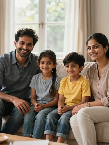 Warm editorial photography of a happy Indian family sitting together on a comfortable sofa in their well-lit living room, soft natural daylight filtering through a window, authentic and hopeful expressions.