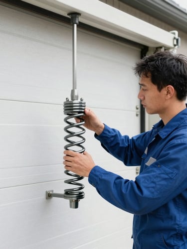 A safety-certified technician in a clean uniform examining heavy-duty steel torsion springs on a garage door, bright natural daylight, clean realistic colors, 35mm photography.