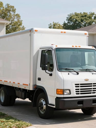 A professional service truck parked in a suburban residential driveway, bright natural daylight, clean realistic colors, 35mm photography.