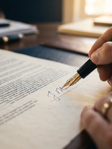 Macro close-up of a fountain pen signing a medical-legal document on heavy cream paper, warm golden-hour side lighting, shallow depth of field, 35mm