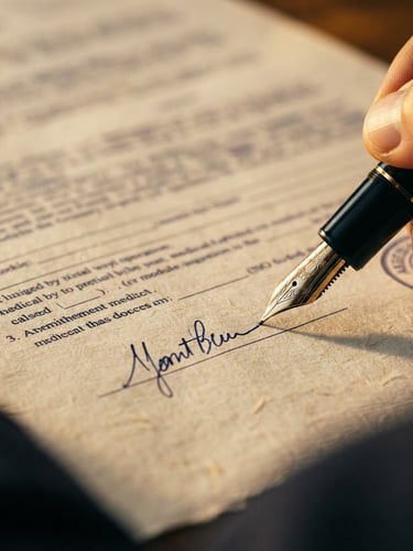 Macro close-up of a fountain pen signing a medical-legal document on heavy textured paper, warm golden-hour light casting long elegant shadows, deep midnight blue tones, shallow depth of field, 35mm
