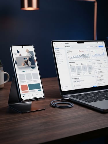 Wide panoramic digital device mockups, a laptop displaying an e-commerce dashboard on the right, a smartphone showing a sleek landing page on the left, subtle studio lighting with soft copper and blue ambient backlighting, sharp focus.