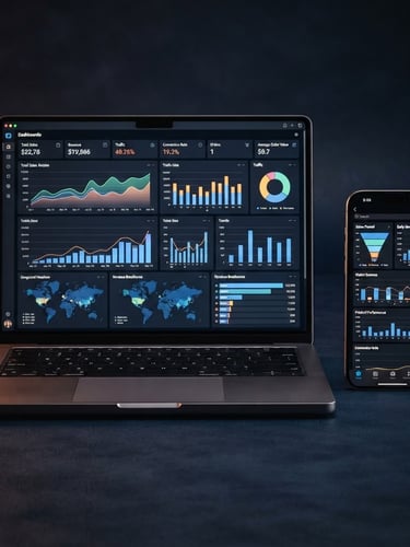 Notebook e smartphone modernos exibindo dashboards de e-commerce e gráficos de tráfego, com iluminação suave em tons de cobre e azul marinho, foco nítido, perspectiva de estúdio.