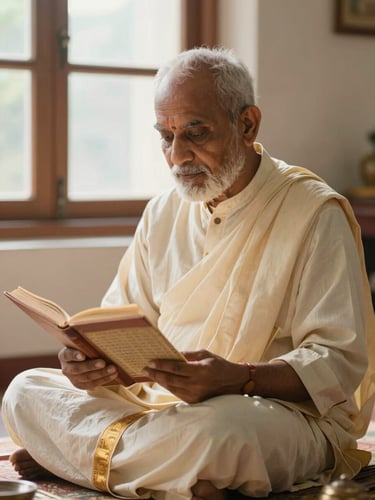Dignified Vedic scholar in clean traditional cream attire, reading a manuscript under soft morning window light, serene and academic atmosphere.