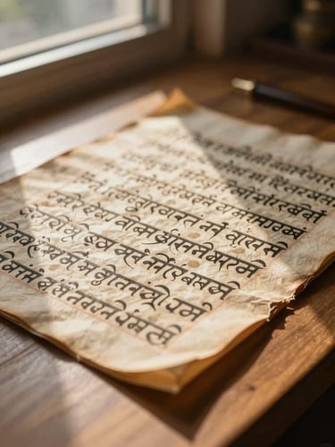 Macro detail of ancient Sanskrit palm-leaf manuscripts resting on a clean wooden surface, warm morning sunlight filtering from a side window, highlighting the textured script.