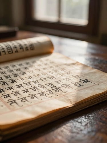 Macro close-up of ancient Sanskrit palm-leaf manuscripts resting on a dark wood surface, warm morning sunlight filtering through a window, shallow depth of field.