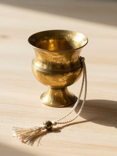 Serene morning sunlight illuminating a brass ritual vessel and delicate sacred threads on a light wooden surface, clean composition.