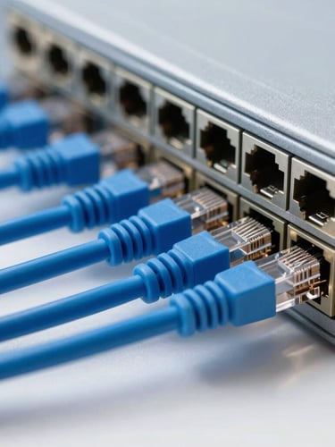 Close-up of clean network hardware configuration with neatly organized blue ethernet cables, bright natural daylight, 50mm photography.