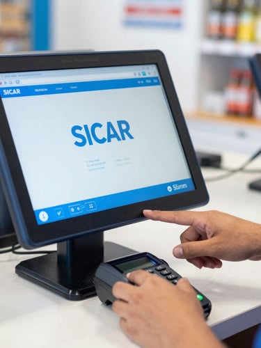 Close-up of hands configuring a POS screen with SICAR software in a bright Mexican local shop, clean slate and electric blue tones, shallow depth of field, 50mm