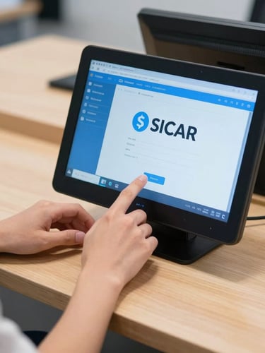Hands configuring a POS screen with SICAR software visible on a clean wooden counter, bright natural daylight, shallow depth of field.