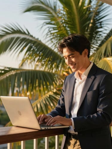 Vibrant tropical balcony at golden hour, a young professional smiling while looking at a laptop, lush palm leaves framing the shot, warm high-contrast sunlight.