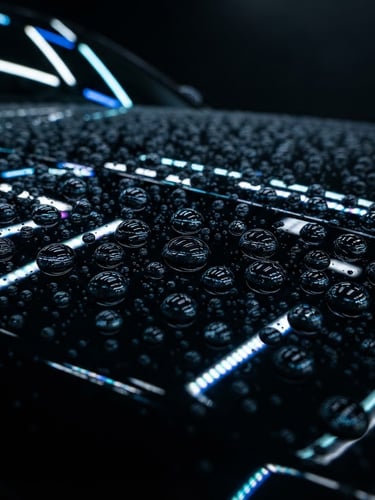 Extreme close-up of water beading perfectly on a deep black car hood, reflecting sharp neon detailing bay LED light bars, low-key, high-contrast studio lighting, 50mm
