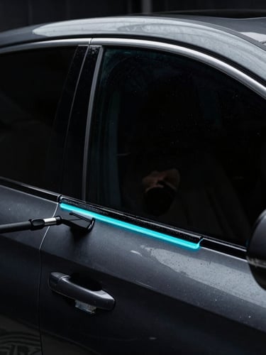 Close-up, low-angle shot of a dark car's side window being tinted by a professional, showing a squeegee smoothly applying film, with a subtle electric cyan glow accenting the edge of the tint.