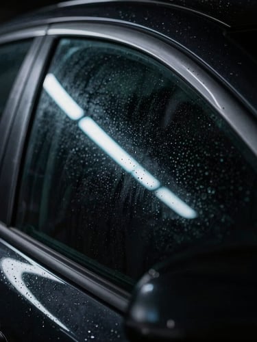 Extreme close-up of dark tinted car window, water beading off, sharp reflections of electric cyan LED light bars, low-key dark automotive photography, 50mm