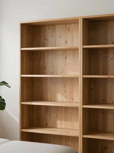 Serene empty speech therapy room with wooden shelves, soft natural daylight, green plant, minimalist editorial style