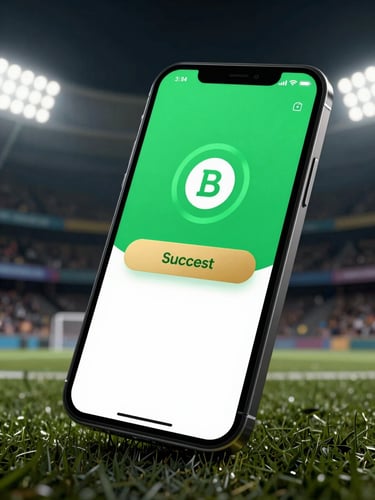 Dynamic high-contrast shot of a smartphone screen displaying a successful green bank transfer notification, glowing neon green and gold accents, set against a dark stadium background with high-contrast floodlights.