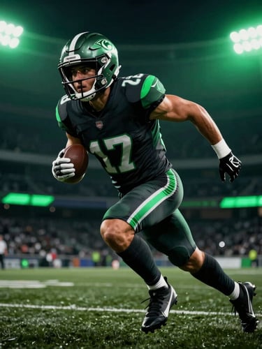 Dramatic close-up of a professional football player in a dark jersey mid-stride on a dark stadium field, illuminated by high-contrast neon green stadium floodlights, sharp key lights, action-focused framing.