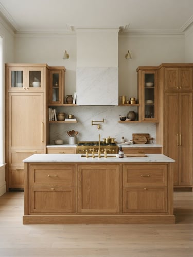 Straight-on architectural elevation of a luxury kitchen with warm oak cabinetry, polished brass fixtures, and white marble countertops under soft daylight