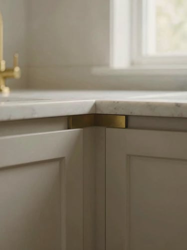 Close-up detail shot of custom kitchen millwork joint meeting a marble countertop, brushed brass fixture in soft focus, warm natural window light, 35mm