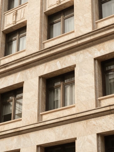 Warm editorial photography of architectural details of a classic modern building in Brazil, soft natural window light, clean geometric lines, cream and beige stone facade