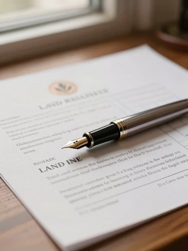 Close-up of elegant fountain pen resting on official land registry documents, blueprints softly blurred in the background, warm natural desk lighting, professional editorial style