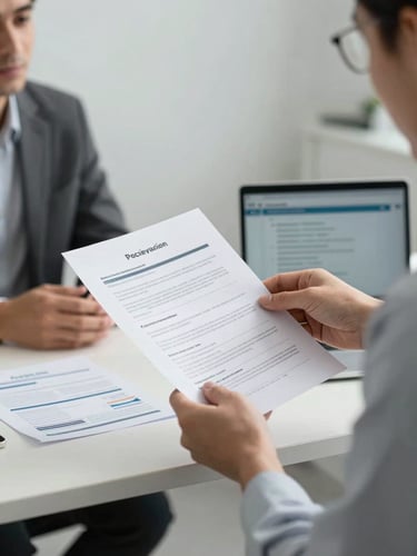 Close-up environmental frame of two professionals mid-handoff conversation at a standing desk, one passing a printed candidate brief to the other, clean studio strobe lighting, visible sales collateral and laptop screen in background, sharp focus on the exchange