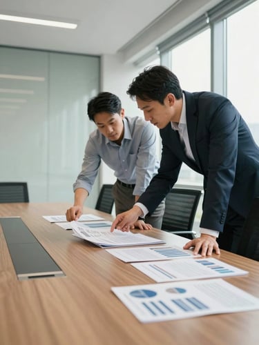 Wide environmental shot of a modern boardroom, two sales professionals leaning over a conference table reviewing printed sales collateral, natural window light flooding from the right, one person gesturing at a document while the other listens intently, room context visible in background, clean and focused atmosphere