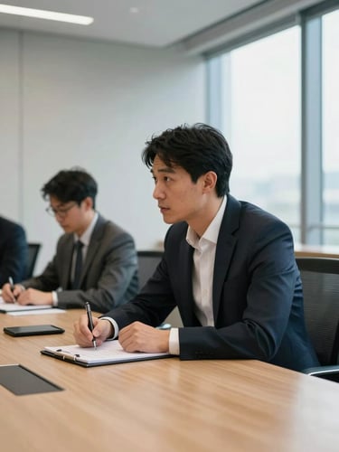 Wide environmental shot of a sales professional at a clean conference table, leaning forward in focused conversation, natural window light from the right, visible notepad and documents, sharp foreground detail fading to soft background, executive office setting