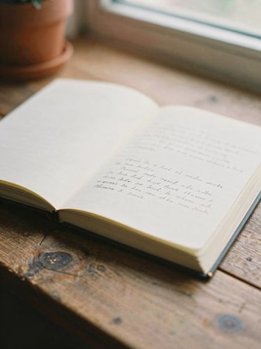 A close-up of a hand-written journal open on a rustic wooden table, soft morning window light, warm terracotta accents, 35mm film grain