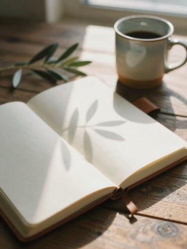 An open leather journal on a rustic wooden table, soft morning shadows of olive leaves dancing on textured paper, warm ceramic mug nearby, shallow depth of field, 35mm film grain