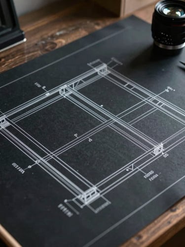 Flat-lay blueprint drawings of structural framing details on a dark drafting table, sharp architectural lines.